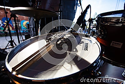 Evans Drumhead on drums on stage Editorial Stock Photo