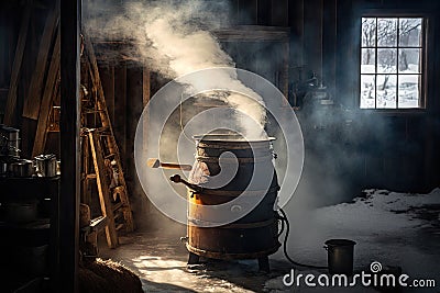 evaporator filled with boiling maple sap, creating steam and sweet smell Stock Photo