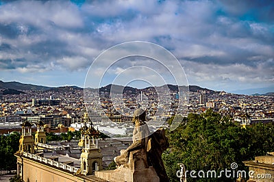 Evening aerial view on Barcelona town from Montjuic hill, Spain Stock Photo