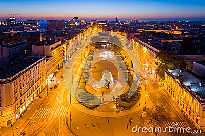 Evening aerial view on Poznan Freedom Square Stock Photo