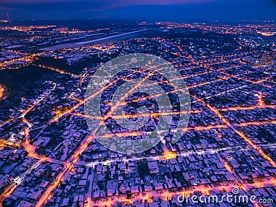 Evening aerial view to residential area in Kharkiv with snow Stock Photo