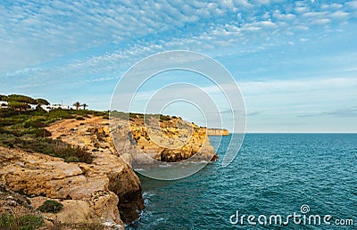 Evening Atlantic rocky coastline, Algarve, Portugal Stock Photo