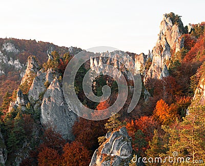 Evening autumnal red colored view from Sulov rockies Stock Photo