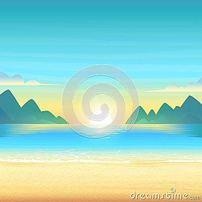 Evening beach at sunset with clean calm water, clouds and mountains on the horizon. Vector cartoon illustration. Vector Illustration