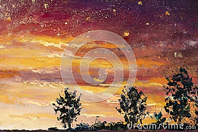 Evening Beautiful Warm Italian France summer Landscape painting Stock Photo