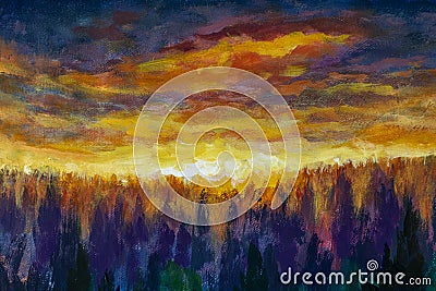 Evening Beautiful Warm ItaMagic orange clouds Bright dawn over misty foggy purple forest, foglian France summer Landscape painting Cartoon Illustration