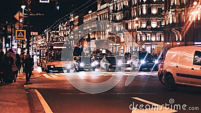 Evening City with Car and People Traffic Editorial Stock Photo