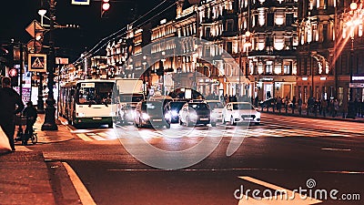 Evening City with Car and People Traffic Editorial Stock Photo