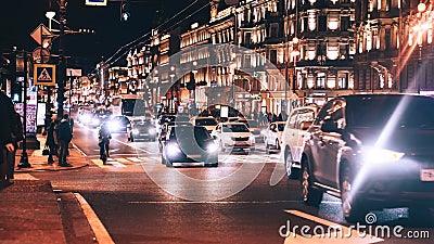 Evening City with Car and People Traffic Editorial Stock Photo