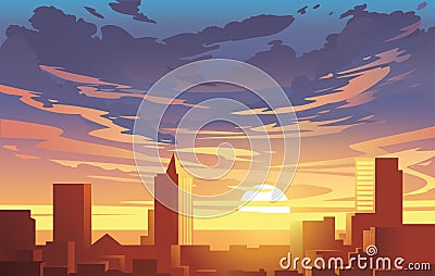 Evening city panorama, , sunset. Flat anime style Stock Photo