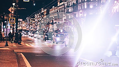 Evening City with Car and People Traffic Editorial Stock Photo
