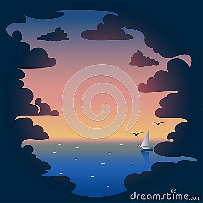 Evening clouds and sunset in the sea Vector Illustration