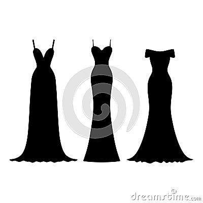 Evening cocktail black dress set. Collection woman clothing. Silhouette apparel. Long maxi, full and floor length Vector Illustration