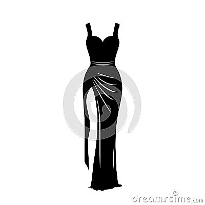 Evening cocktail black dress. Woman clothing. Silhouette apparel. Long maxi, full and floor length dress icon. Vector Vector Illustration