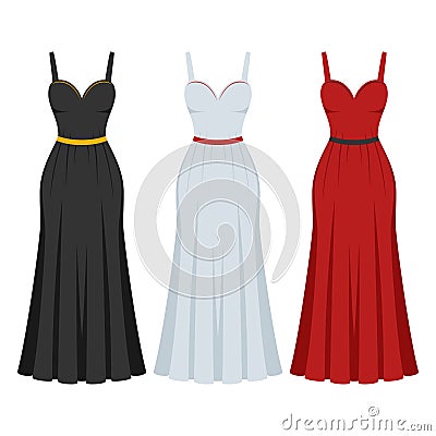 Evening cocktail black, white and red dress set. Collection woman clothing. Silhouette apparel. Long maxi, full and Vector Illustration