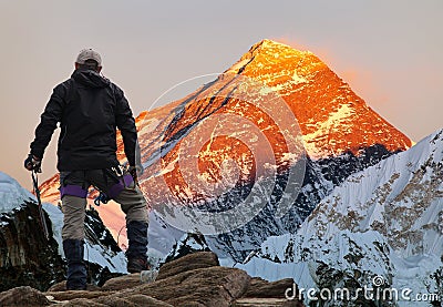 Evening colored view of Mount Everest with tourist Editorial Stock Photo