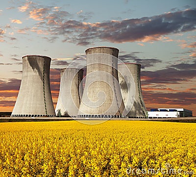 Evening colored view of nuclear power plant Dukovany Stock Photo