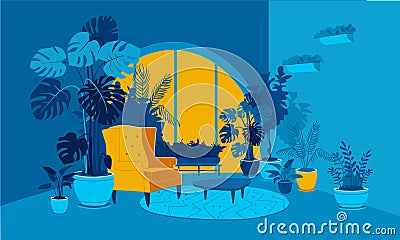 Evening cozy relaxing room decorated with pot plants on the floor. Vector Illustration