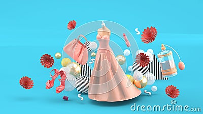 Evening dresses, bags, shoes and cosmetics floating among the flowers on a blue background Stock Photo