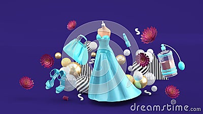 Evening dresses, bags, shoes and cosmetics floating among the flowers on a purple background. Stock Photo