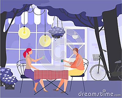 Evening fabulous lovely couple date, character male female lover dinner chat flat vector illustration. Romantic Vector Illustration