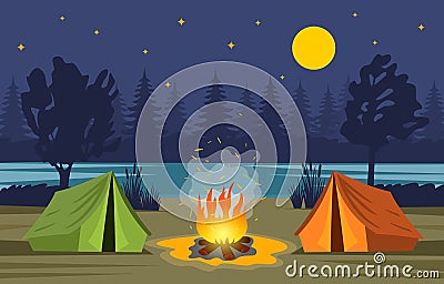Evening forest landscape in the summer camp. Nature, forest, bonfire, tent are symbols of green tourism. vector illustration. Cartoon Illustration