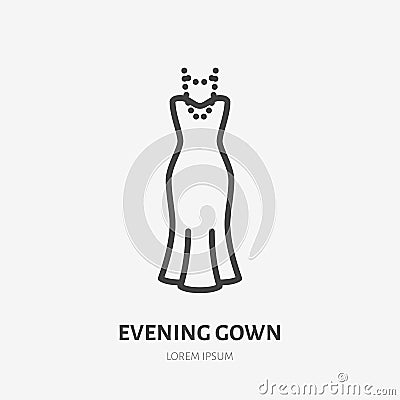 Evening gown line icon, vector pictogram of woman dress with pearl necklace. Clothes illustration, sign for fashion Vector Illustration