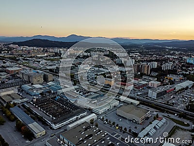 Evening industrial zone district drone aerial view Stock Photo