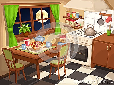 Evening kitchen interior. Vector illustration. Vector Illustration