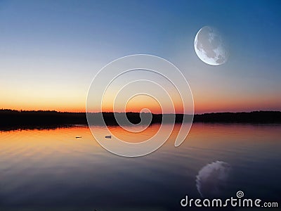 Evening lake under the Moon Stock Photo