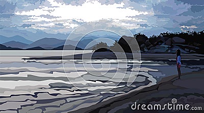 Evening landscape girl standing on the coast Vector Illustration