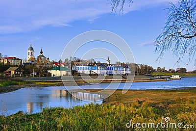 Evening landscape of Myshkin old town with Volga River port Stock Photo