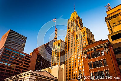Evening light on a cluster of buildings in downtown Baltimore, M Stock Photo