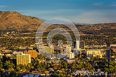 Evening light on on distant mountains and the city of Riverside Stock Photo