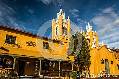 Evening light on San Felipe Neri Church, in Old Town, Albuquerq Stock Photo