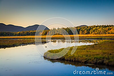 Evening light on a stream and mountains near Tremont, in Acadia Stock Photo
