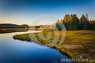 Evening light on a stream and mountains near Tremont, in Acadia Stock Photo