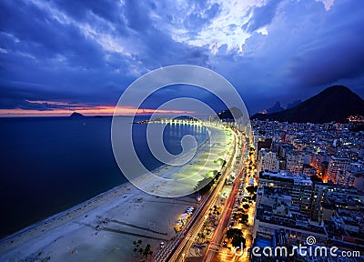 Evening Lights of Copacabana Beach, Rio de Janeiro Editorial Stock Photo