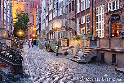 Evening lights in Mariacka street - Gdansk, Poland Editorial Stock Photo