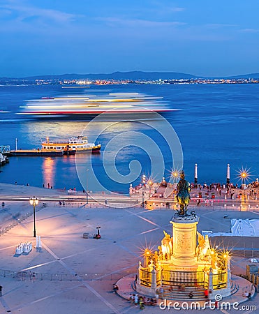evening Lisbon embankment, cruise liner Stock Photo