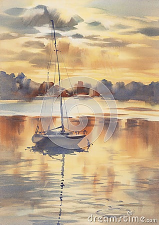Evening mist by the lake with clouds and a ship watercolor background Cartoon Illustration