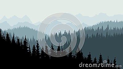 Evening or morning forest of coniferous spruce trees at dusk. On the horizon you can see mountains. Vector Illustration