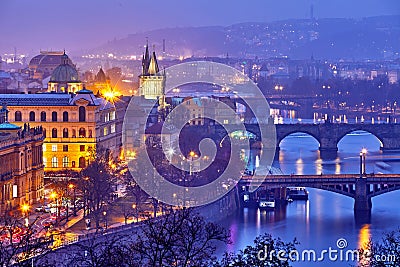 Evening over river Vltava near Charles bridge in Prague Stock Photo