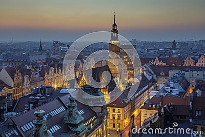 Beautiful view of the city center from the Witches' Bridge. Evening view of the Wroclaw market square Stock Photo