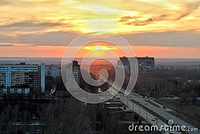 Evening panorama of the city of Togliatti overlooking the gorgeous sunset. Stock Photo