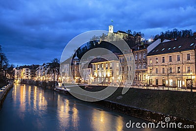 Evening panorama of riverfront of Ljubljana, Slovenia. Editorial Stock Photo