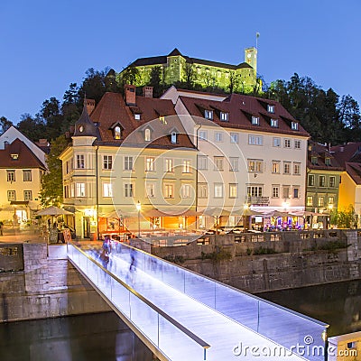 Evening panorama of riverfront of Ljubljana, Slovenia. Editorial Stock Photo