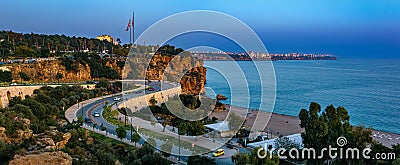 Evening panoramic view of Antalya coastline with road, beach and coastal cliffs Editorial Stock Photo