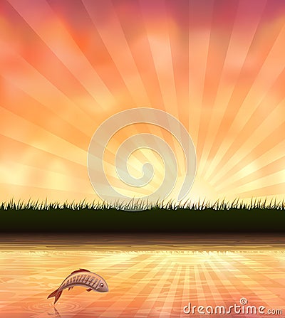 Evening pond and a trout jumping out of it Vector Illustration