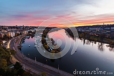 Evening Prague scene over Vltava/Moldau river in Prague taken from the top of Vysehrad castle, Czech Republic Stock Photo